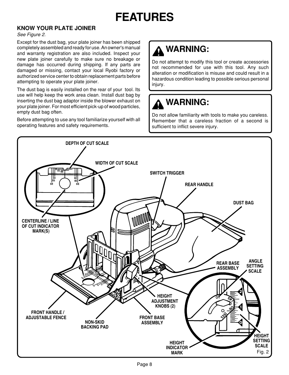 Features, Warning | Ryobi JM80 User Manual | Page 8 / 22