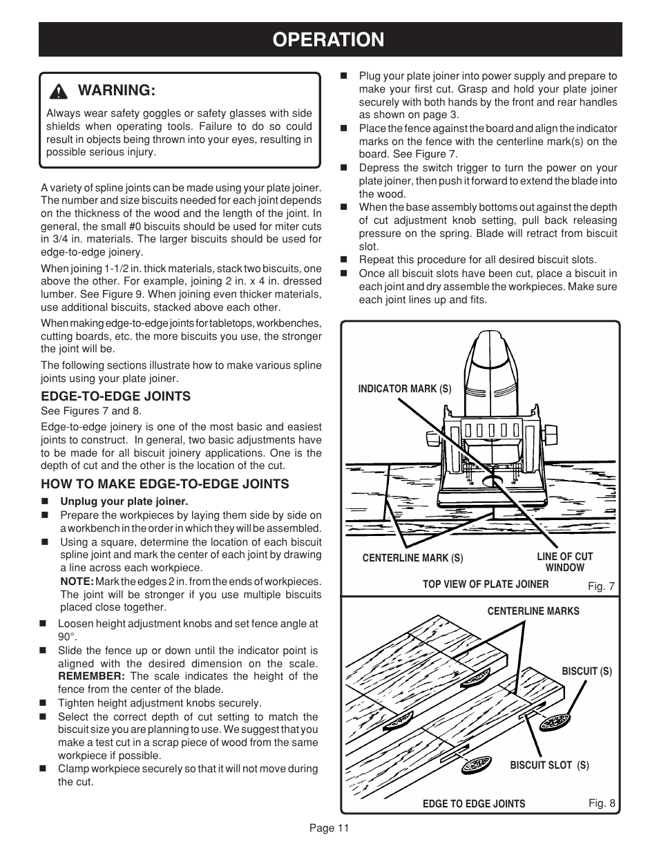 Operation, Warning | Ryobi JM81-1 User Manual | Page 11 / 22