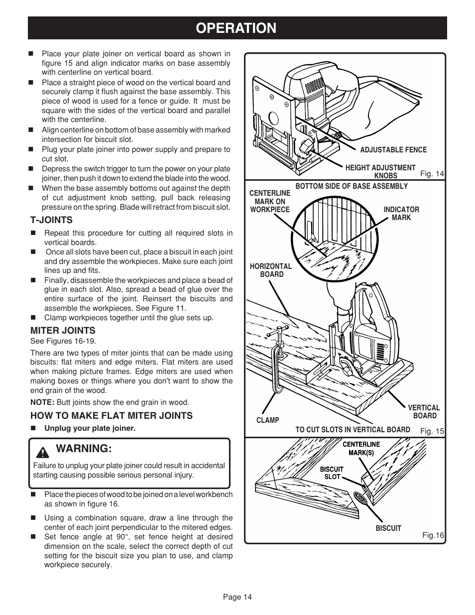 Operation, Warning | Ryobi JM81-1 User Manual | Page 14 / 22