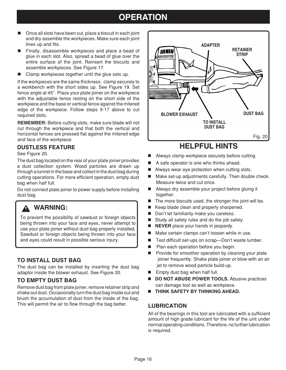 Operation, Helpful hints, Warning | Ryobi JM81-1 User Manual | Page 16 / 22