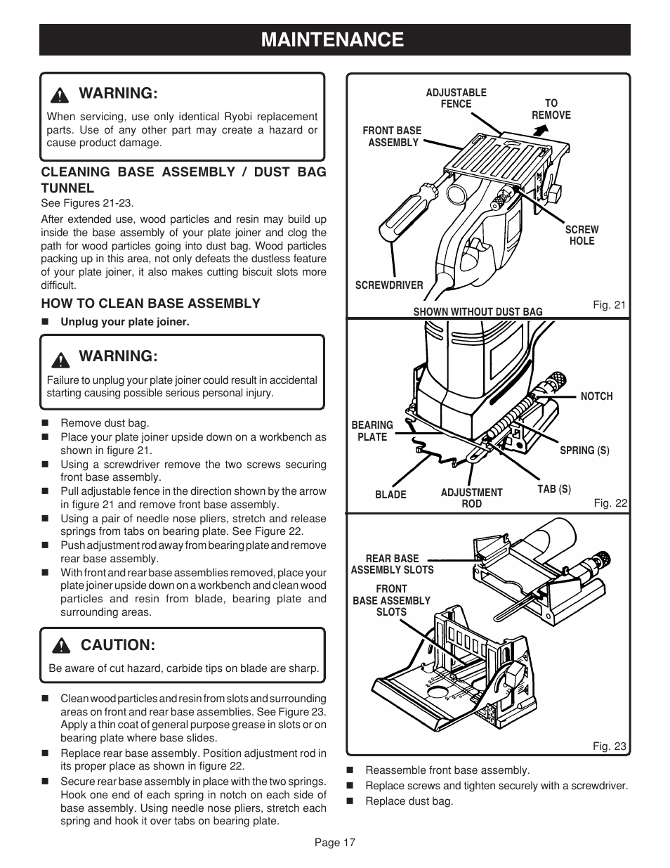 Maintenance, Warning, Caution | Ryobi JM81-1 User Manual | Page 17 / 22