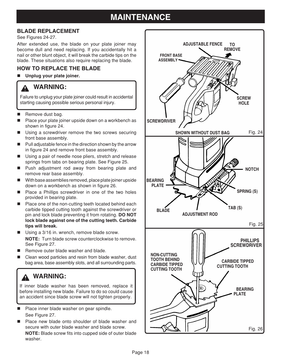 Maintenance, Warning | Ryobi JM81-1 User Manual | Page 18 / 22