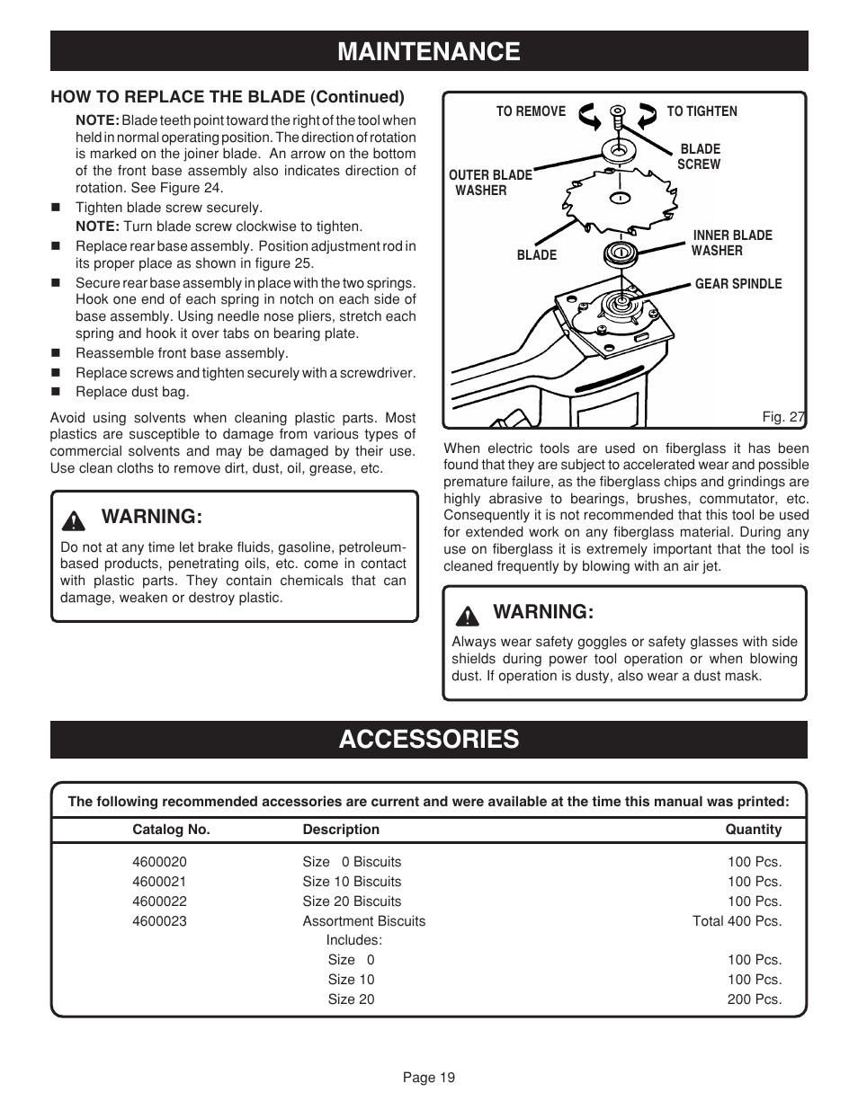 Accessories, Maintenance, Warning | Ryobi JM81-1 User Manual | Page 19 / 22