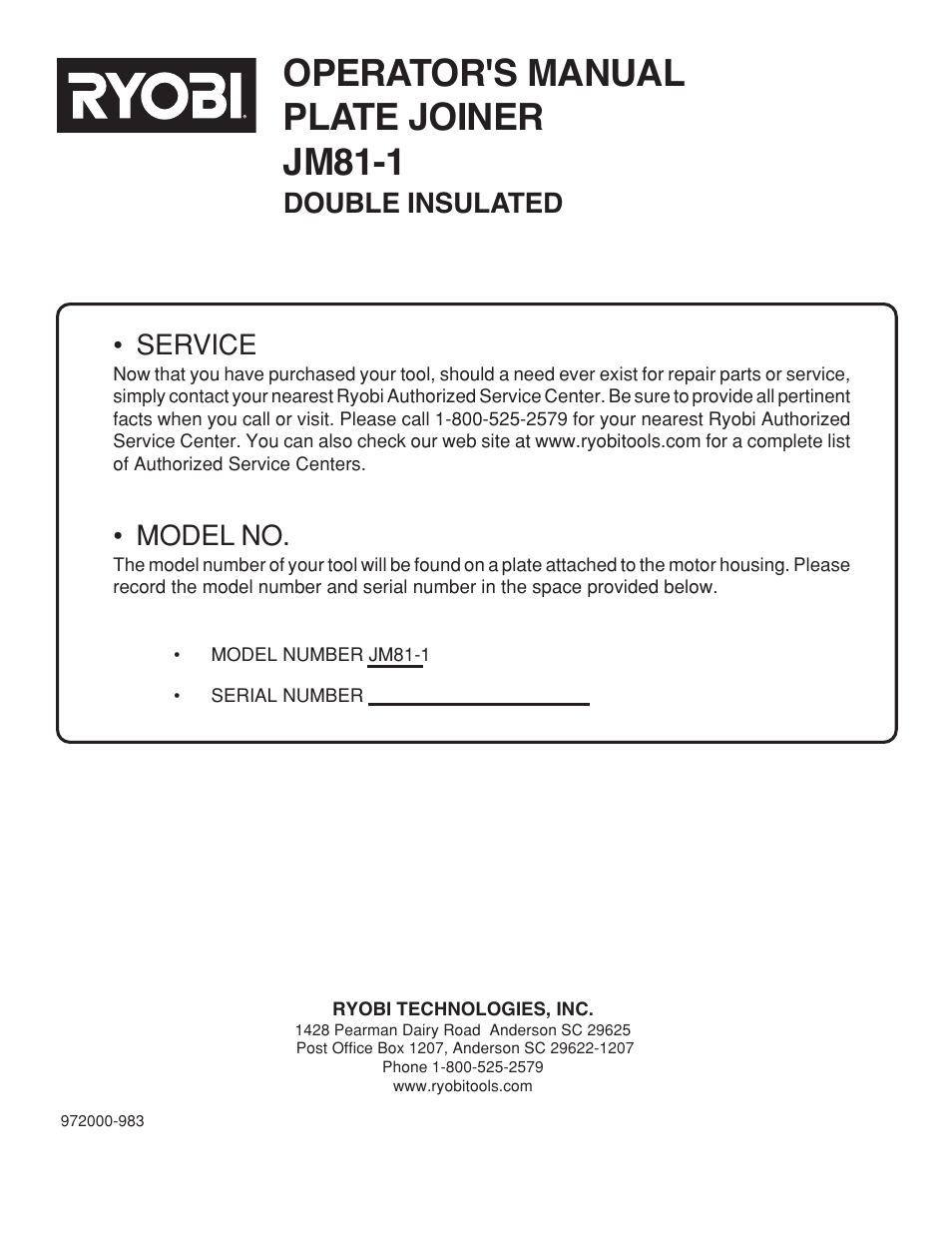 Operator's manual plate joiner jm81-1, Double insulated, Service | Model no | Ryobi JM81-1 User Manual | Page 22 / 22