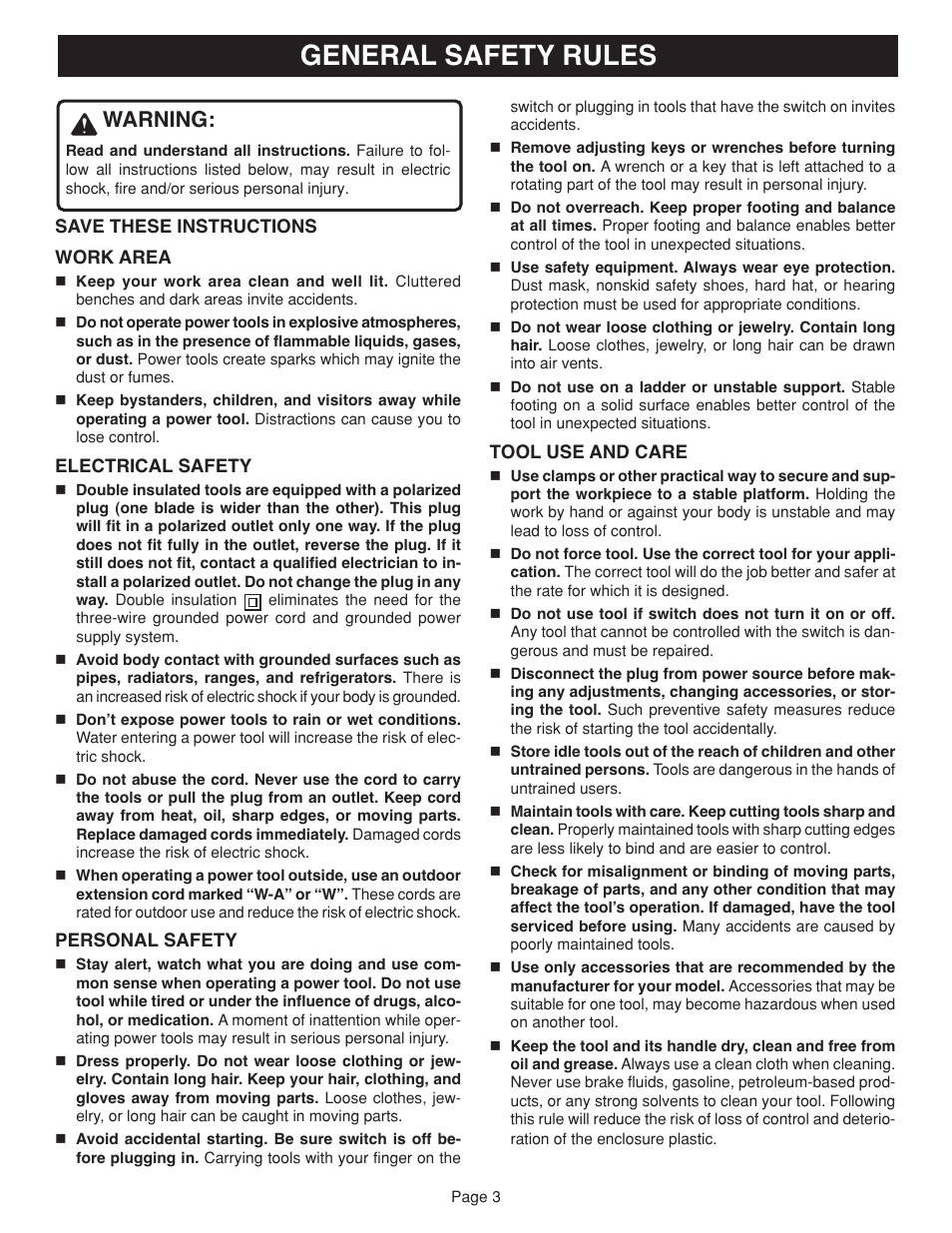 General safety rules, Warning | Ryobi JM81-1 User Manual | Page 3 / 22