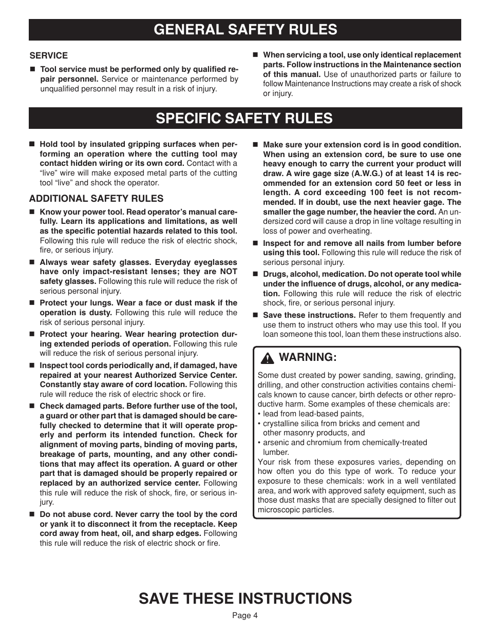 Save these instructions, Specific safety rules, General safety rules | Warning | Ryobi JM81-1 User Manual | Page 4 / 22