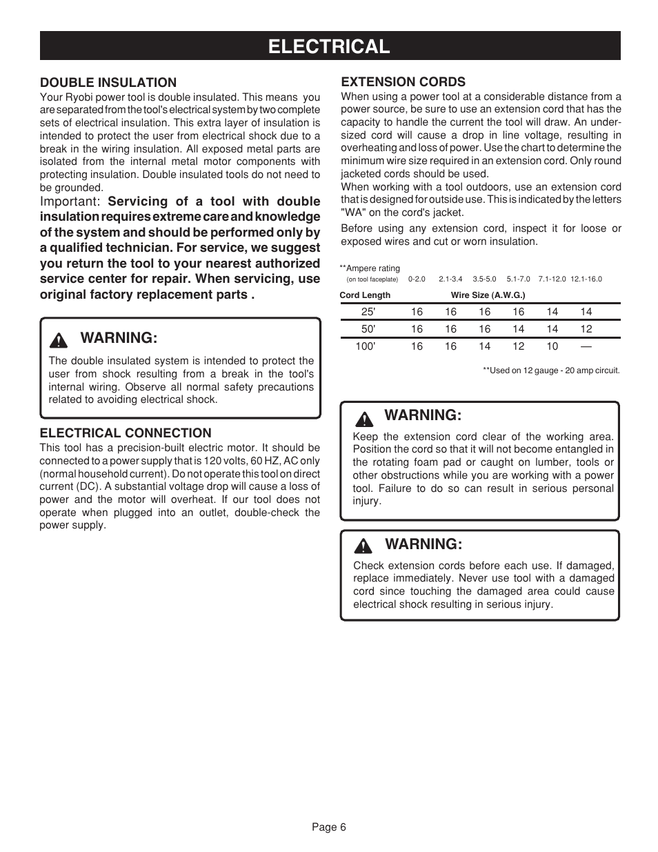 Electrical, Warning | Ryobi JM81-1 User Manual | Page 6 / 22