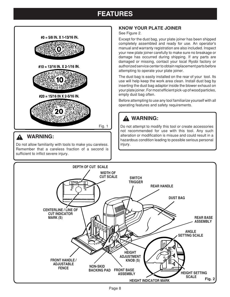Features, Warning | Ryobi JM81-1 User Manual | Page 8 / 22