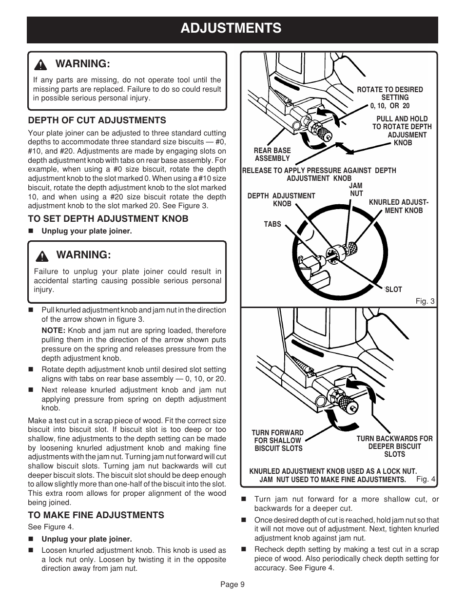 Adjustments, Warning | Ryobi JM81-1 User Manual | Page 9 / 22