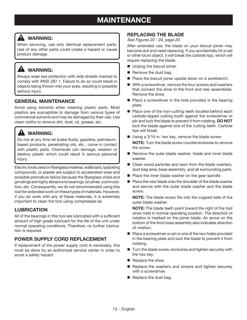 Maintenance | Ryobi JM82G User Manual | Page 13 / 52