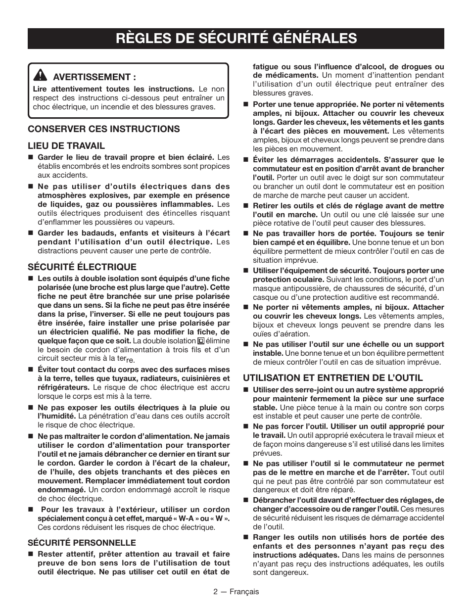 Règles de sécurité générales | Ryobi JM82G User Manual | Page 17 / 52