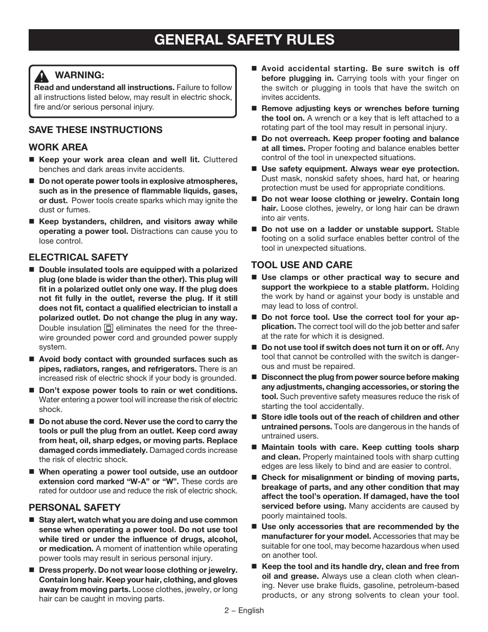 General safety rules | Ryobi JM82G User Manual | Page 2 / 52