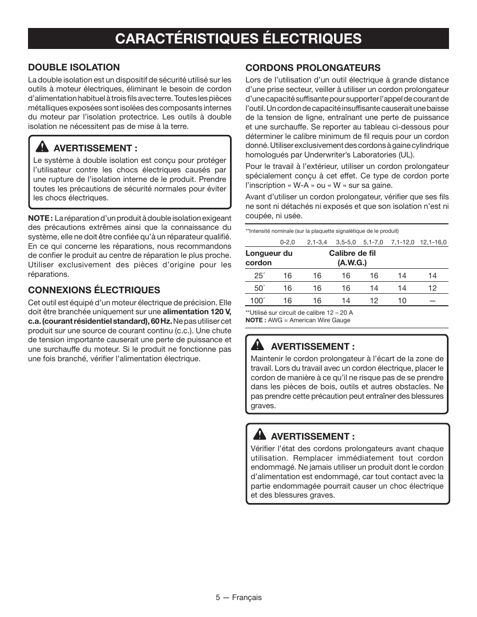 Caractéristiques électriques | Ryobi JM82G User Manual | Page 20 / 52