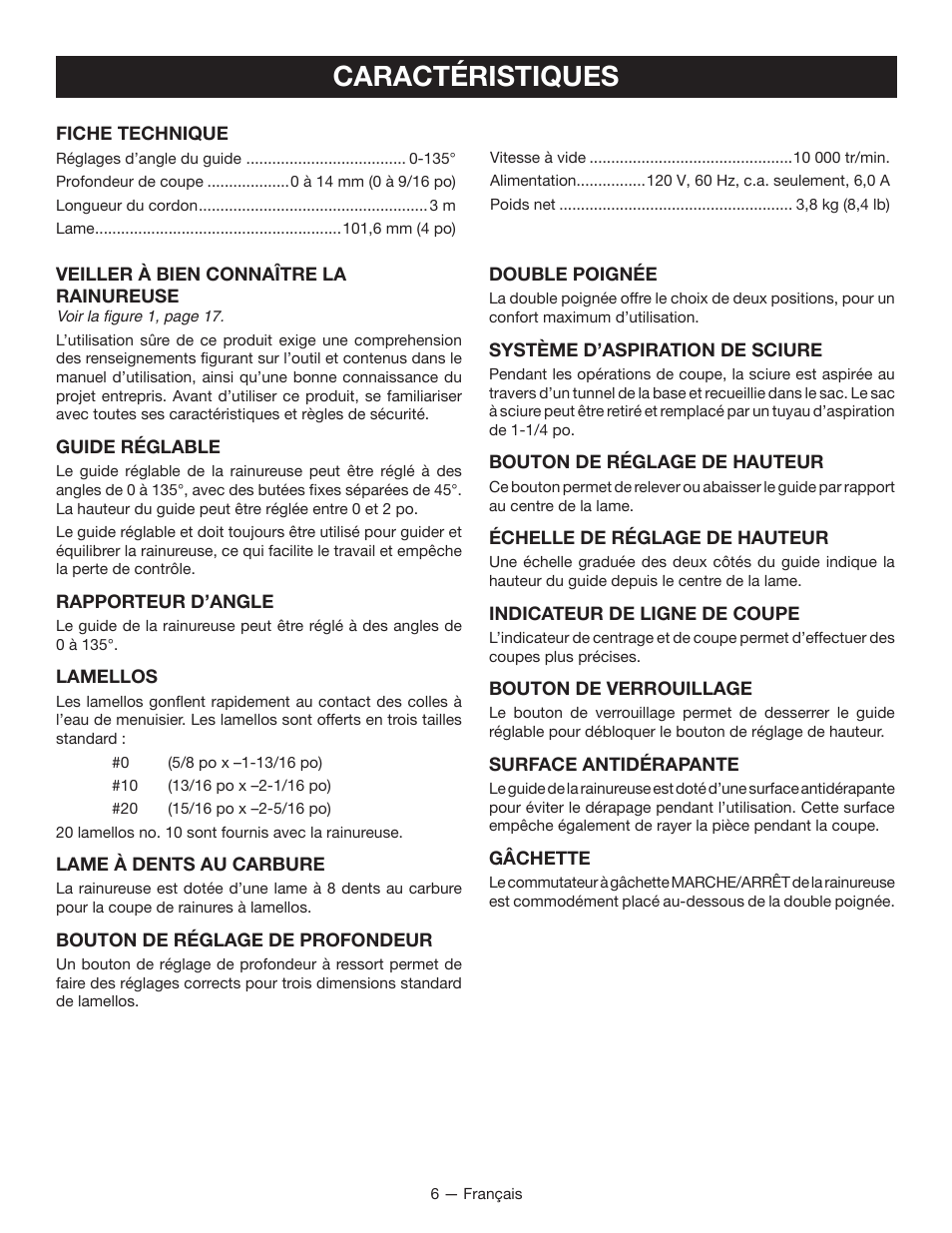 Caractéristiques | Ryobi JM82G User Manual | Page 21 / 52