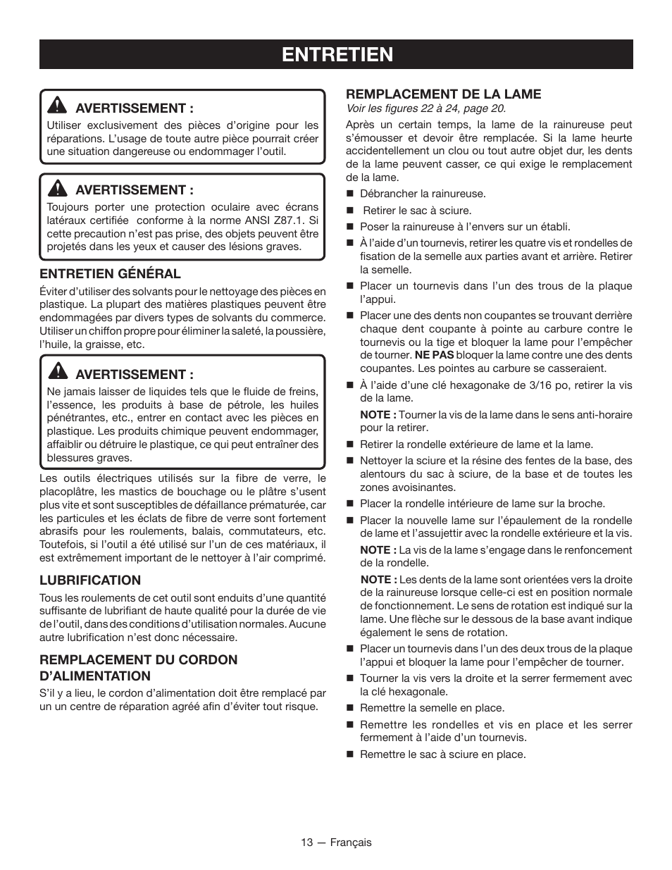 Entretien | Ryobi JM82G User Manual | Page 28 / 52