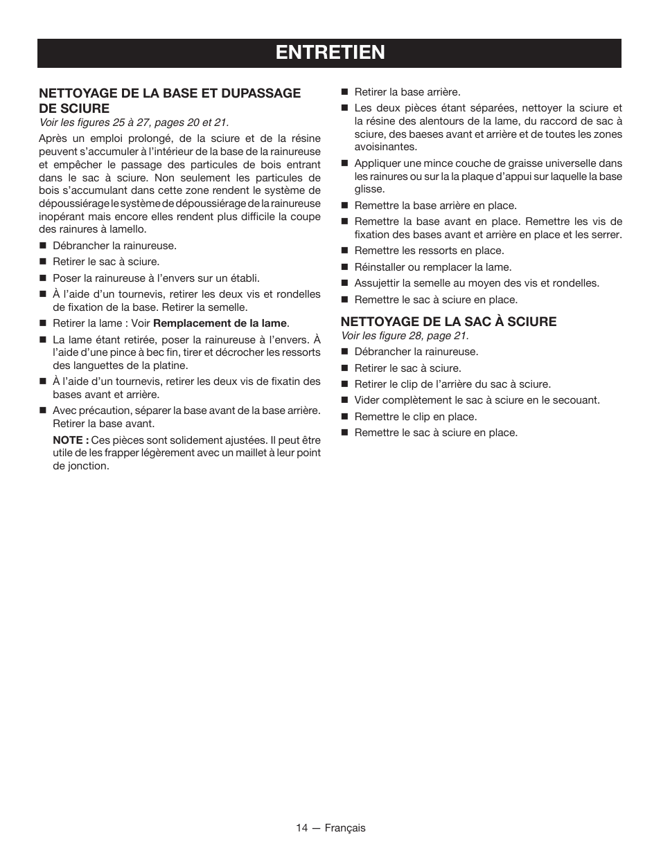 Entretien | Ryobi JM82G User Manual | Page 29 / 52