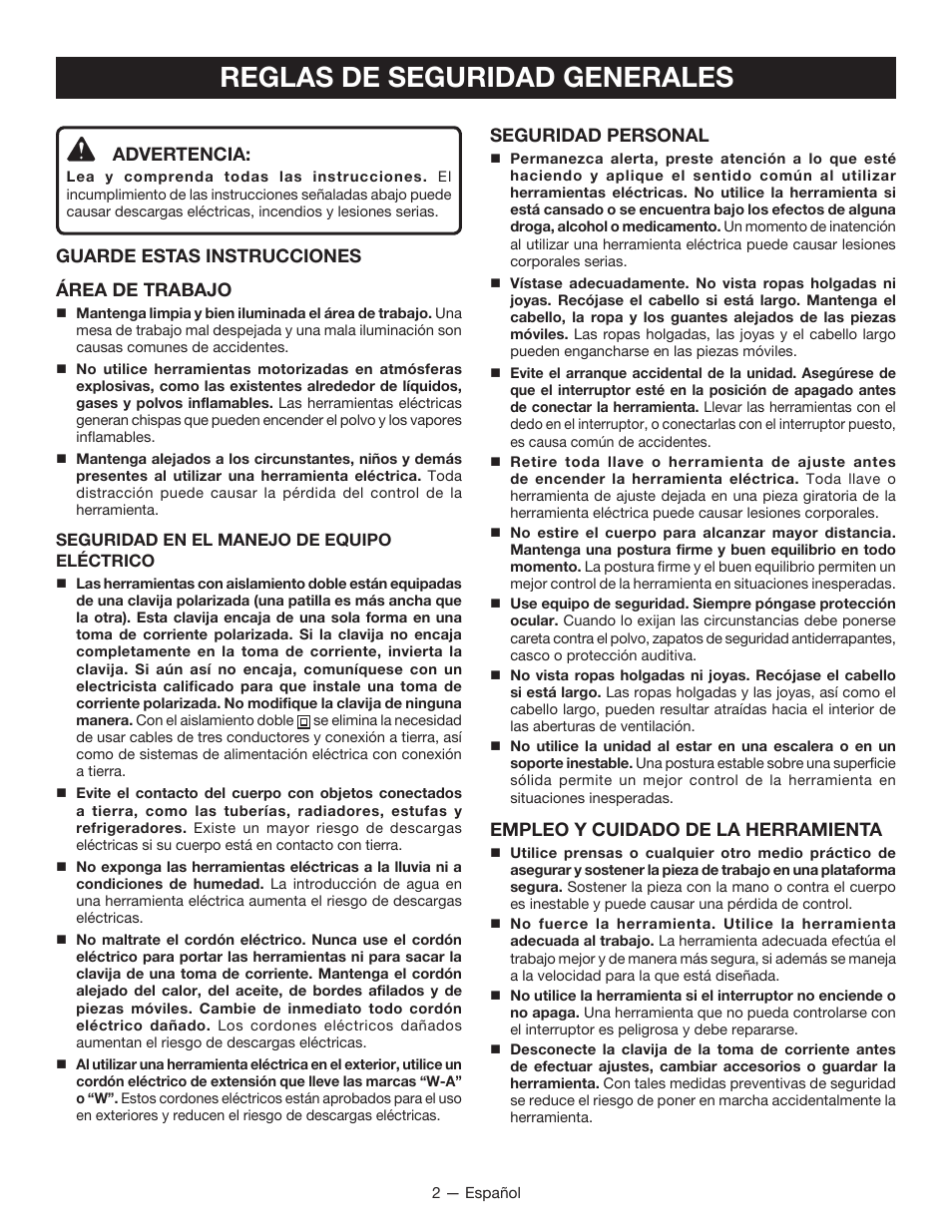 Reglas de seguridad generales, Advertencia, Guarde estas instrucciones área de trabajo | Seguridad personal, Empleo y cuidado de la herramienta | Ryobi JM82G User Manual | Page 32 / 52