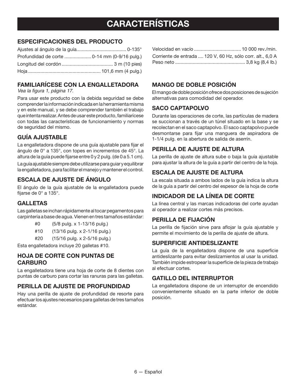 Características | Ryobi JM82G User Manual | Page 36 / 52