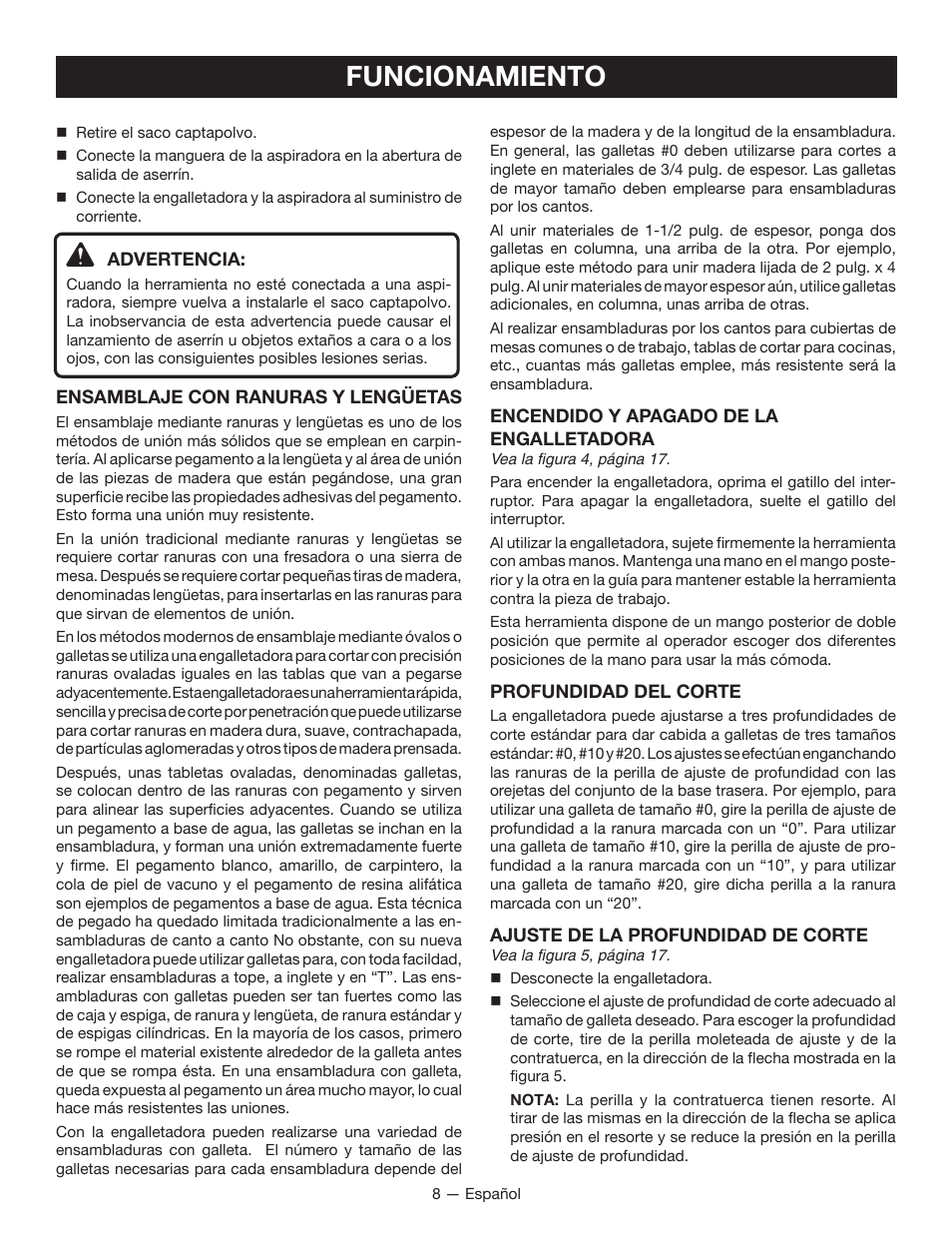 Funcionamiento | Ryobi JM82G User Manual | Page 38 / 52