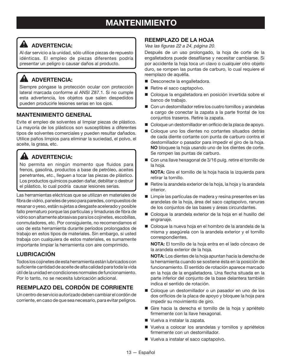 Mantenimiento | Ryobi JM82G User Manual | Page 43 / 52