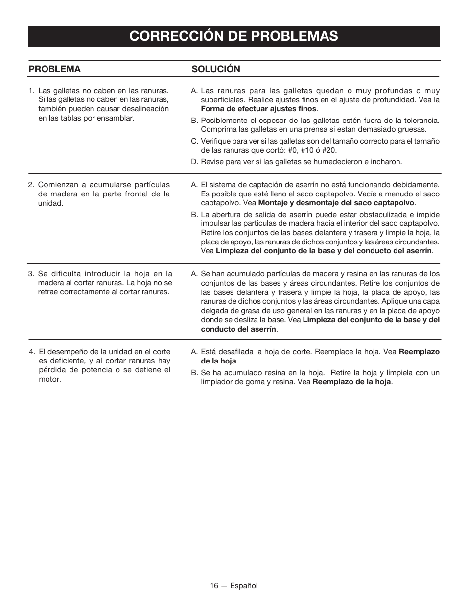 Corrección de problemas | Ryobi JM82G User Manual | Page 46 / 52