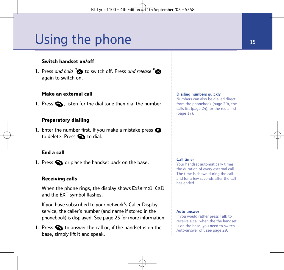 Using the phone | BT Lyric 1100 User Manual | Page 15 / 55