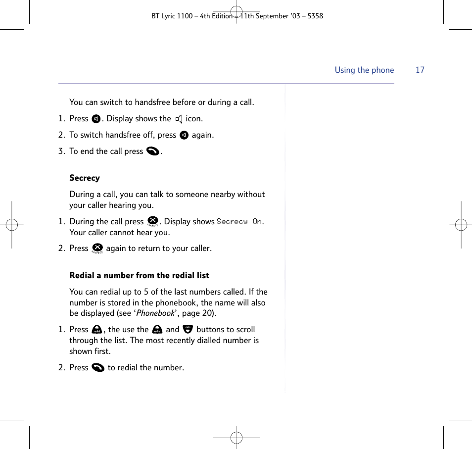 BT Lyric 1100 User Manual | Page 17 / 55