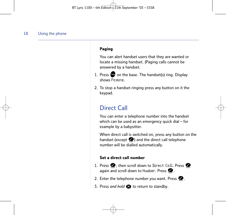 Direct call | BT Lyric 1100 User Manual | Page 18 / 55