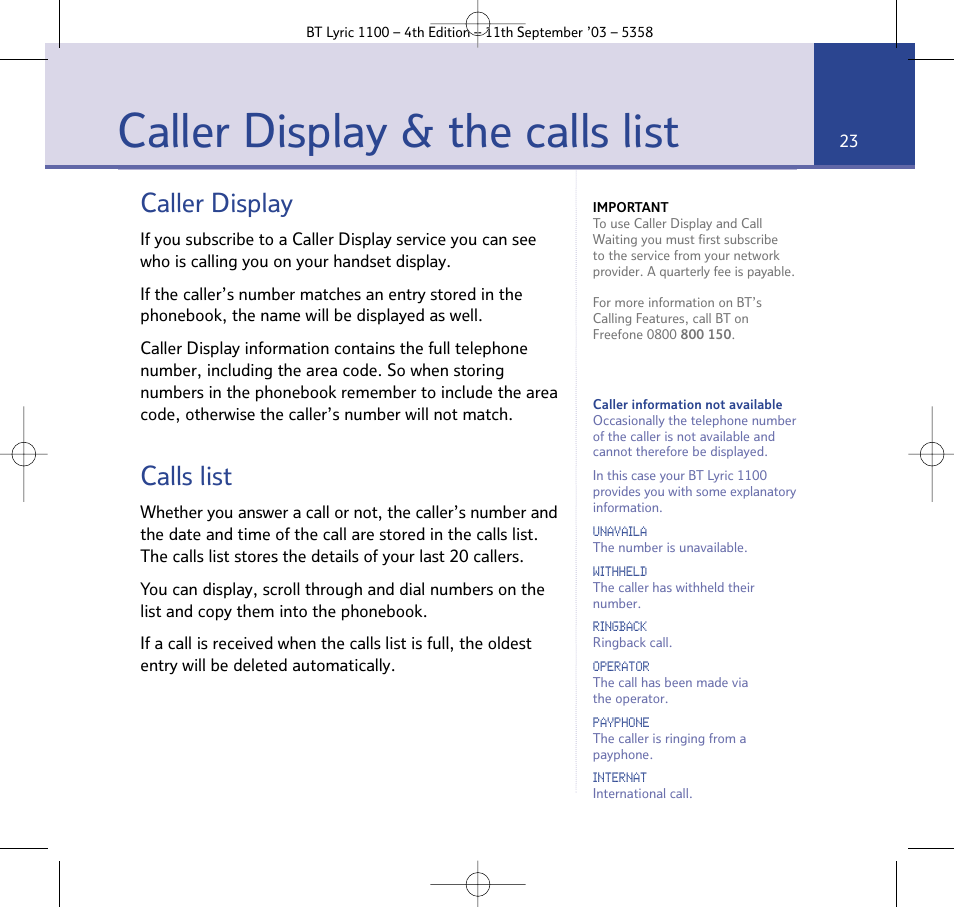 Caller display & the calls list, Caller display, Calls list | BT Lyric 1100 User Manual | Page 23 / 55