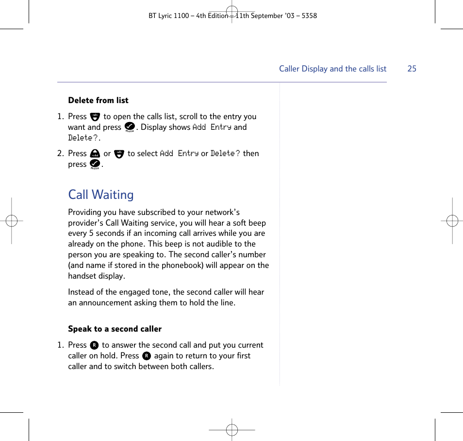 Call waiting | BT Lyric 1100 User Manual | Page 25 / 55