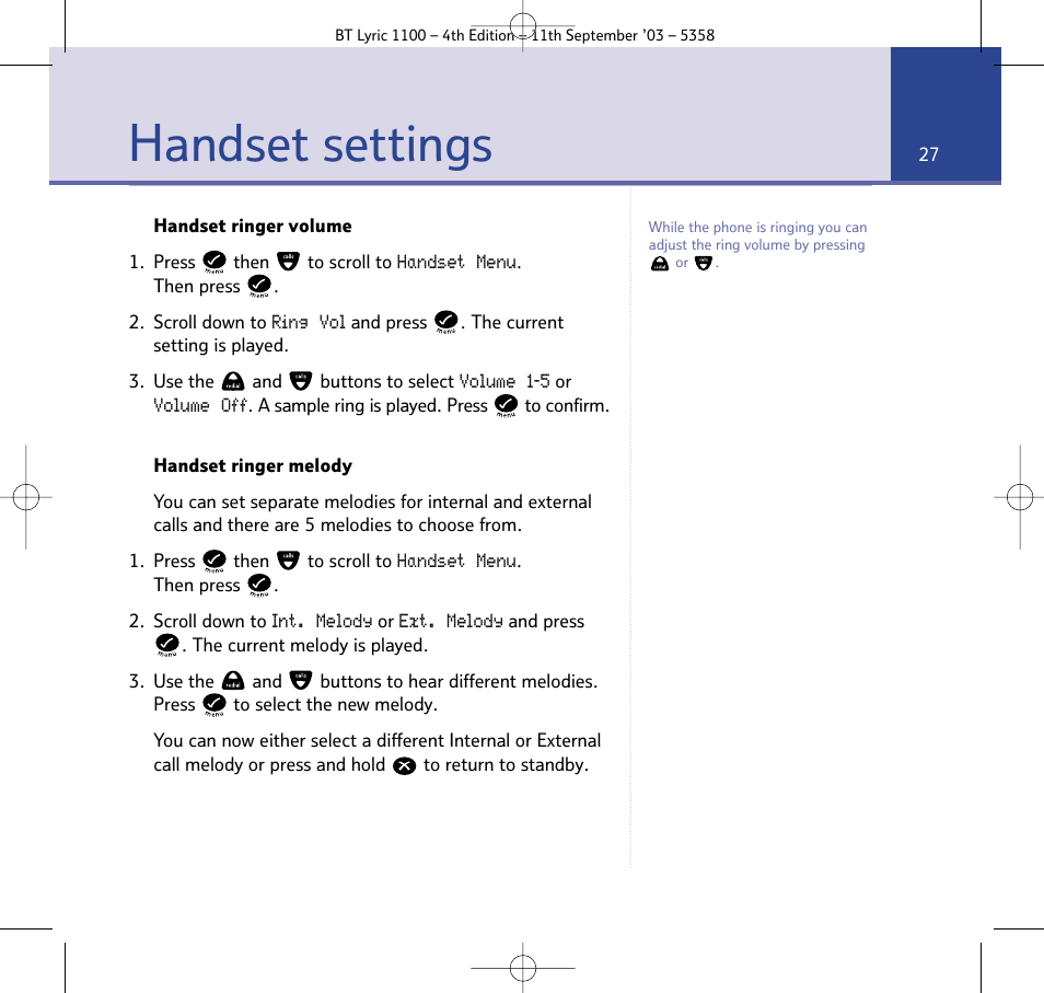 Handset settings | BT Lyric 1100 User Manual | Page 27 / 55