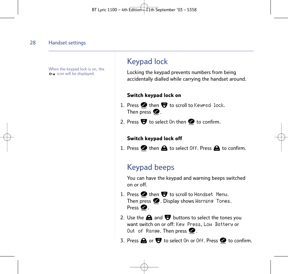 Keypad lock, Keypad beeps | BT Lyric 1100 User Manual | Page 28 / 55