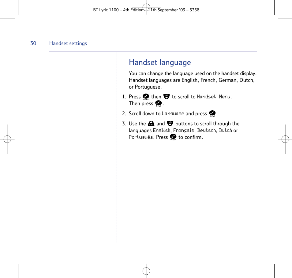 Handset language | BT Lyric 1100 User Manual | Page 30 / 55