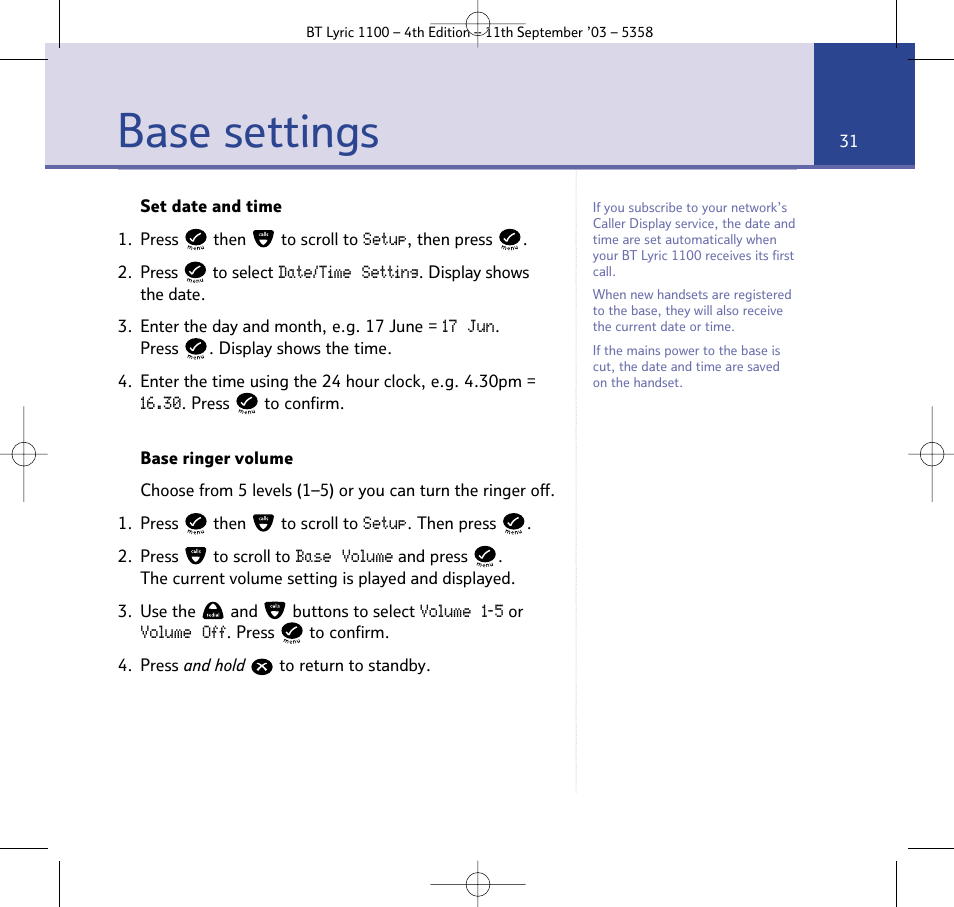 Base settings | BT Lyric 1100 User Manual | Page 31 / 55