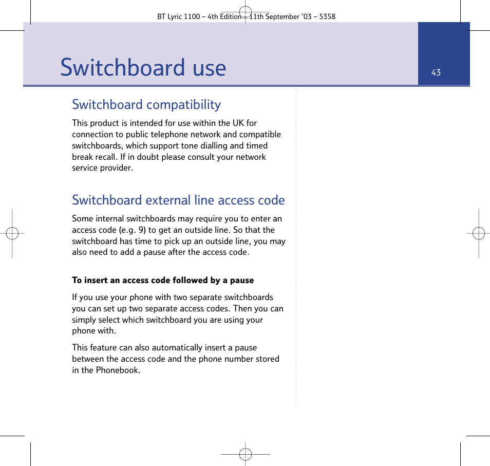 Switchboard use, Switchboard compatibility, Switchboard external line access code | BT Lyric 1100 User Manual | Page 43 / 55