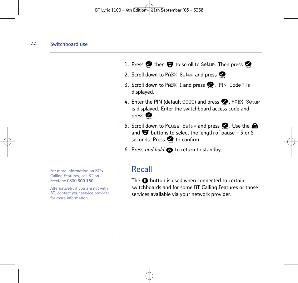 Recall | BT Lyric 1100 User Manual | Page 44 / 55