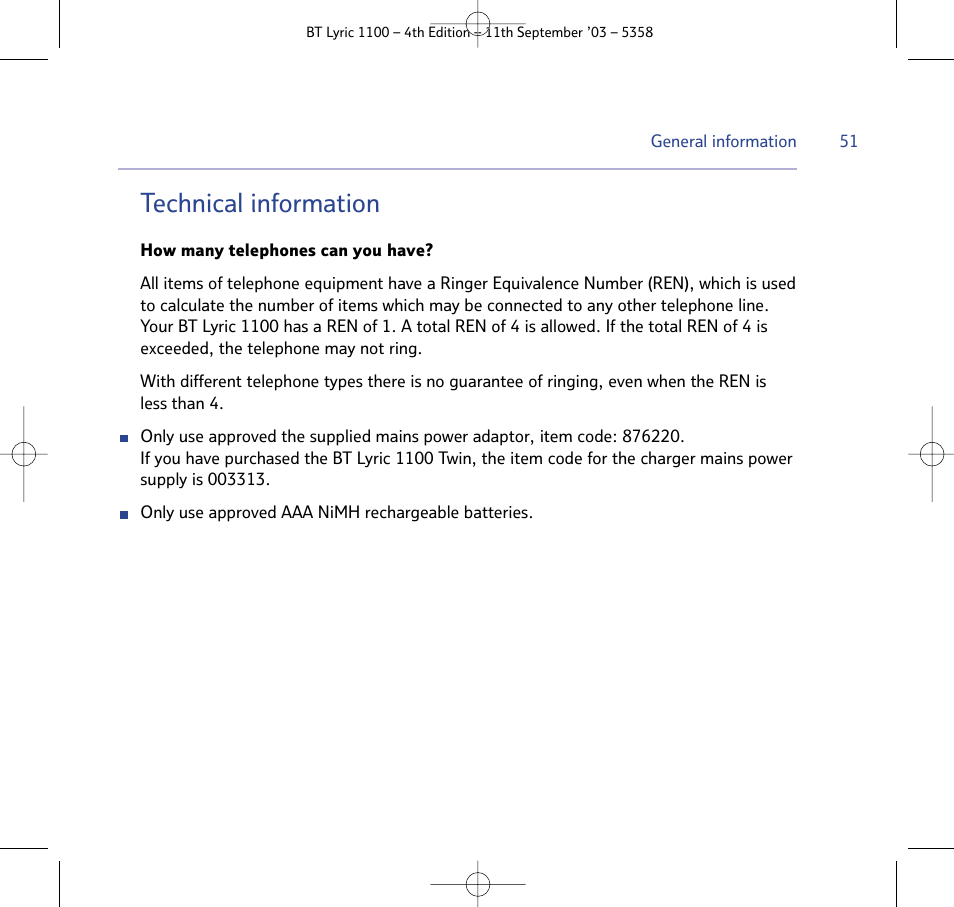 Technical information | BT Lyric 1100 User Manual | Page 51 / 55