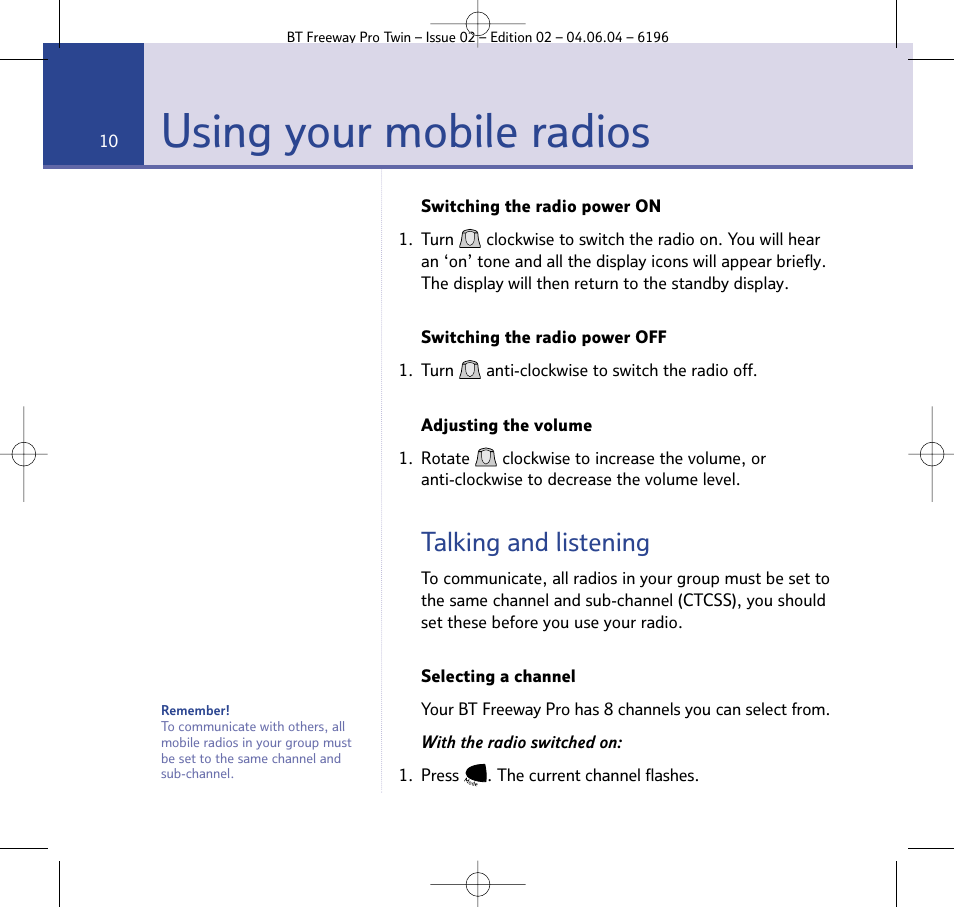 Using your mobile radios, Talking and listening | BT FREEWAY PRO TWIN 6196 User Manual | Page 10 / 29