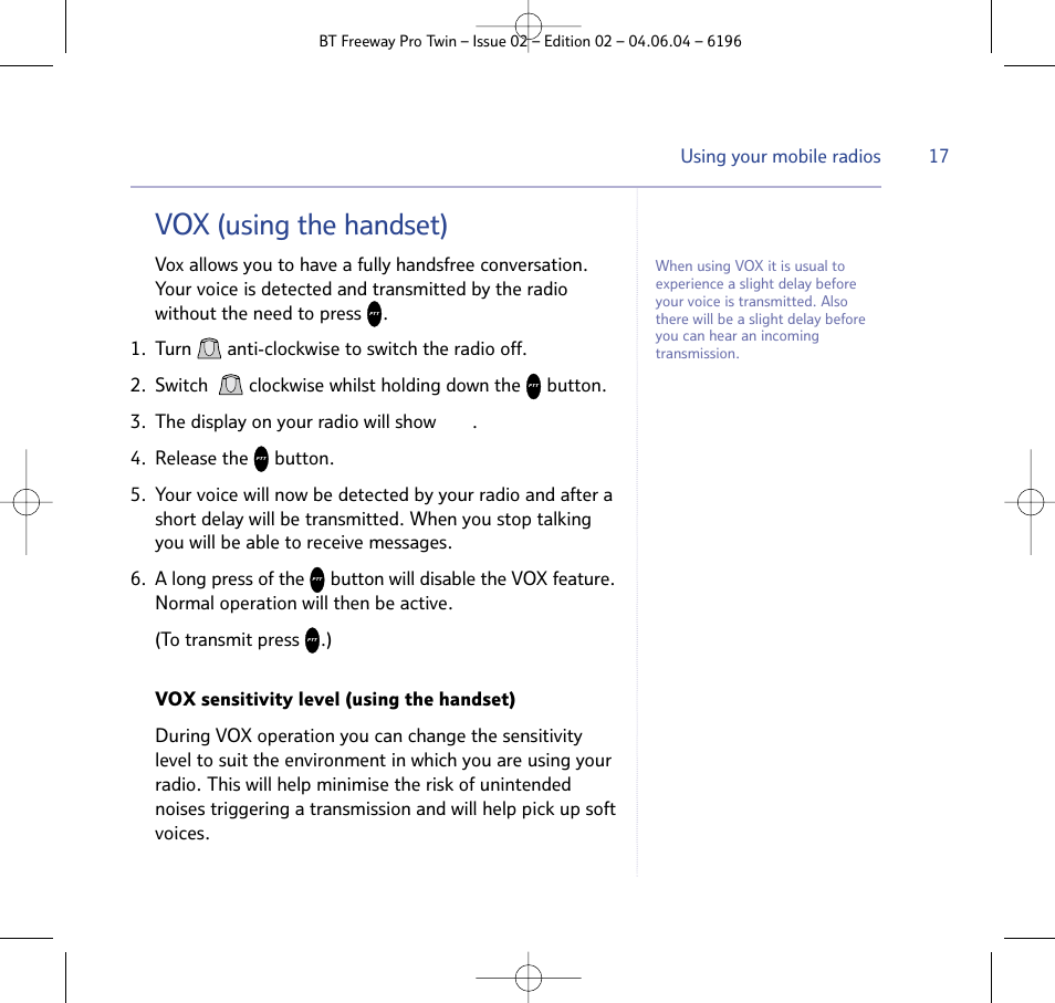 Vox (using the handset) | BT FREEWAY PRO TWIN 6196 User Manual | Page 17 / 29