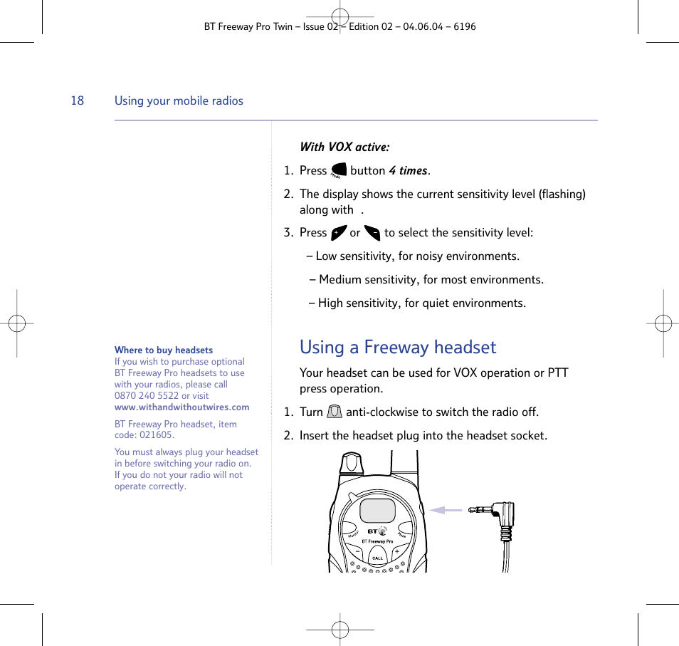 Using a freeway headset | BT FREEWAY PRO TWIN 6196 User Manual | Page 18 / 29