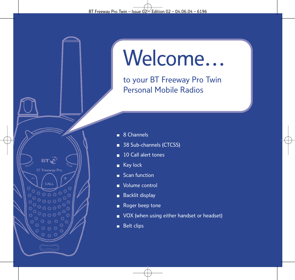 Welcome | BT FREEWAY PRO TWIN 6196 User Manual | Page 2 / 29