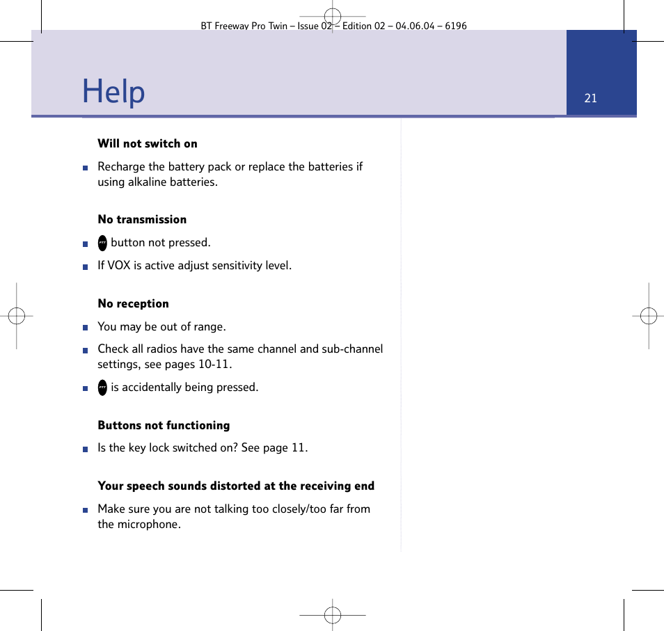 Help | BT FREEWAY PRO TWIN 6196 User Manual | Page 21 / 29