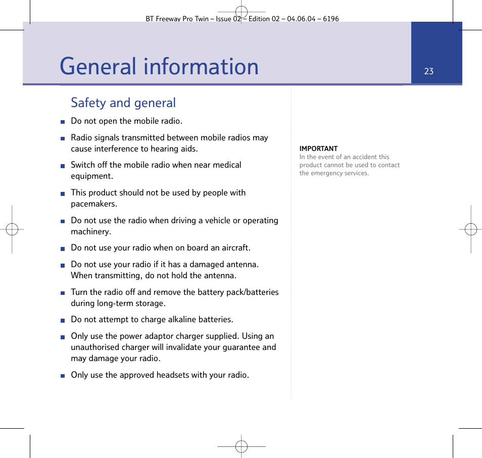 General information, Safety and general | BT FREEWAY PRO TWIN 6196 User Manual | Page 23 / 29