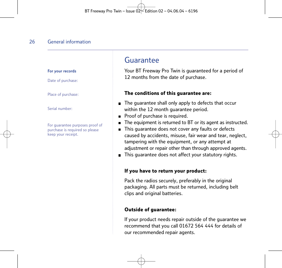 Guarantee | BT FREEWAY PRO TWIN 6196 User Manual | Page 26 / 29
