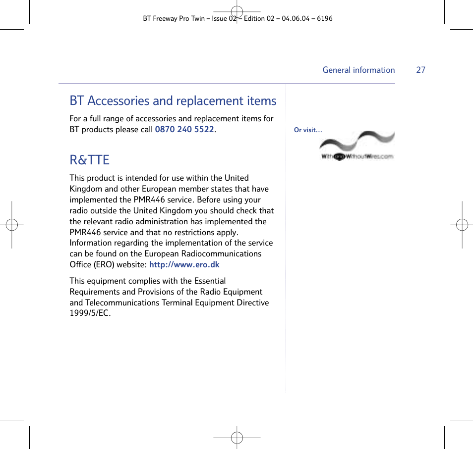 Bt accessories and replacement items, R&tte | BT FREEWAY PRO TWIN 6196 User Manual | Page 27 / 29