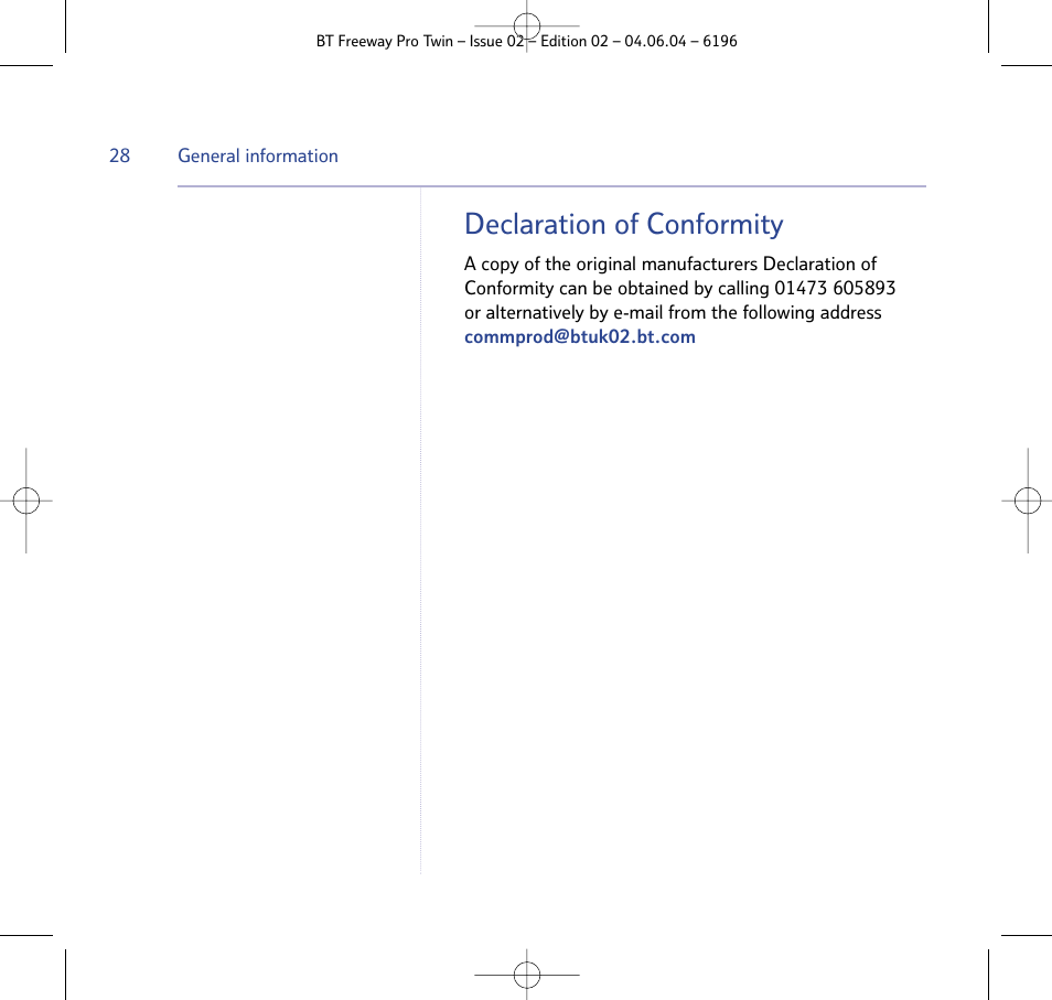 Declaration of conformity | BT FREEWAY PRO TWIN 6196 User Manual | Page 28 / 29