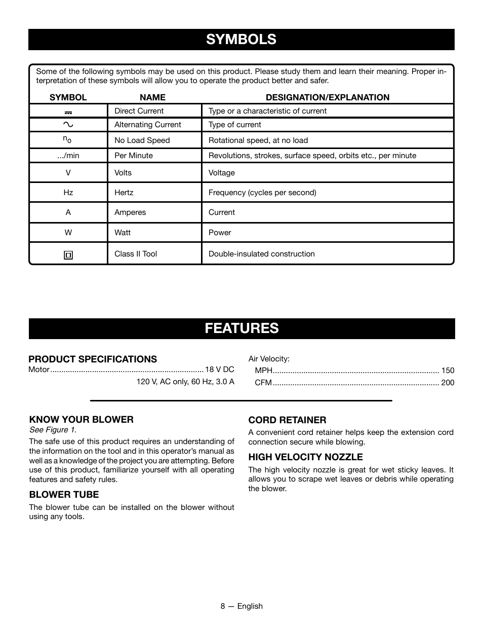 Features, Symbols | Ryobi P2107 User Manual | Page 10 / 38