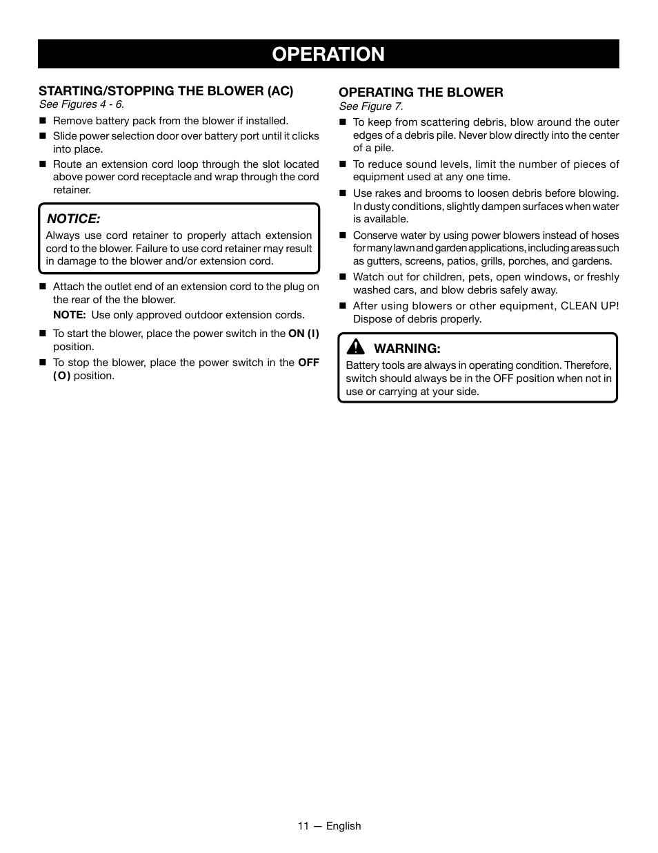 Operation | Ryobi P2107 User Manual | Page 13 / 38