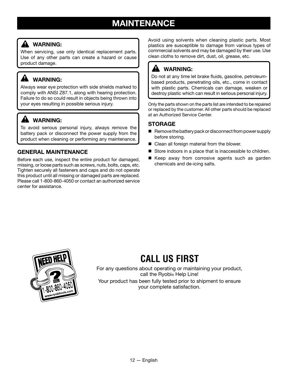 Call us first, Maintenance | Ryobi P2107 User Manual | Page 14 / 38