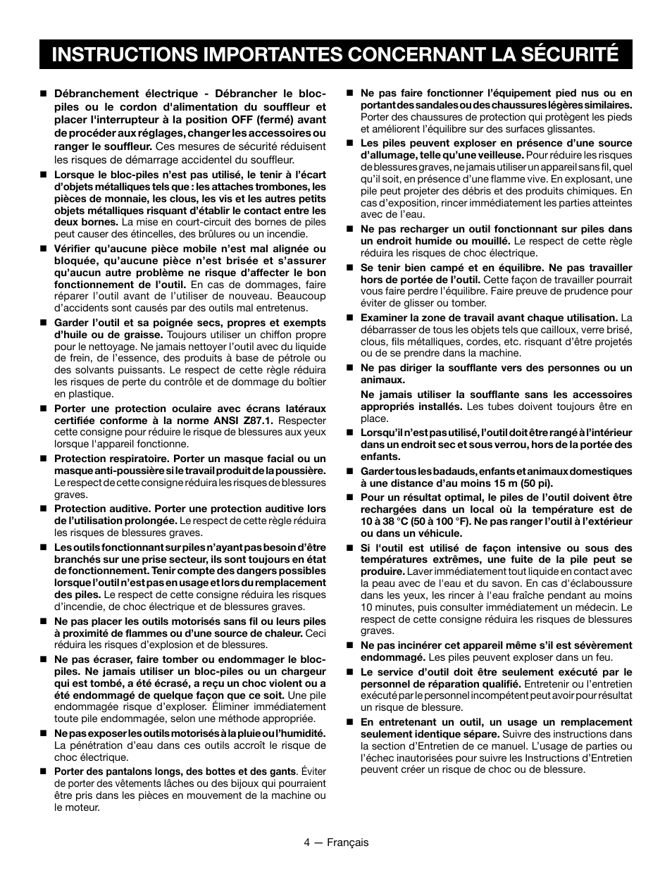 Instructions importantes concernant la sécurité | Ryobi P2107 User Manual | Page 17 / 38